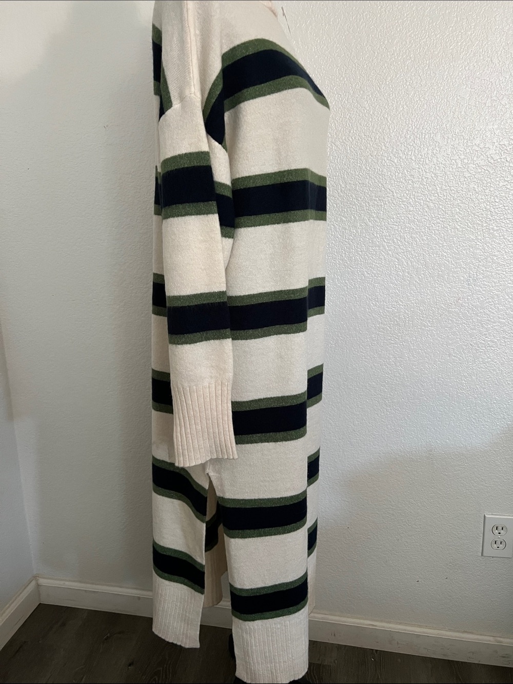 LOFT Cream Turtleneck Sweater Dress with Navy and Olive Stripes - Picture 2 of 5